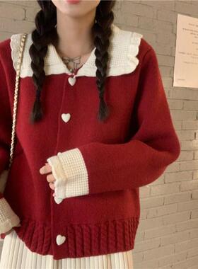 新年红色毛衣女早春秋装2025年新款女装慵懒风宽松娃娃领撞色针织