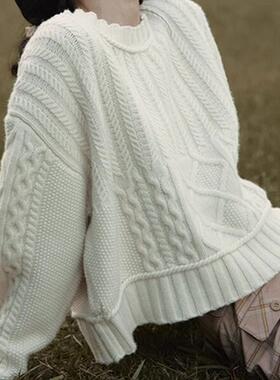 2025新款爆款春秋圆领麻花套头毛衣女宽松外穿短款小个子打底衫女