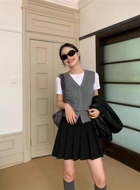 灰色麻花V领马甲女开衫春秋百搭叠穿针织袖毛衣背心上衣