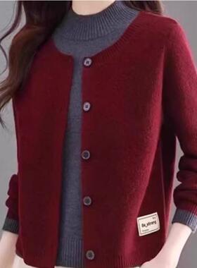 2025妈妈春秋装半高领假两件上衣服中老年女装洋气打底衫针织毛衣