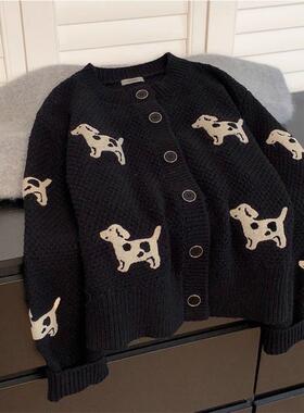 黑色浣熊绒小狗短款打底女慵懒重工欧货春秋加厚内搭针织开衫宽松