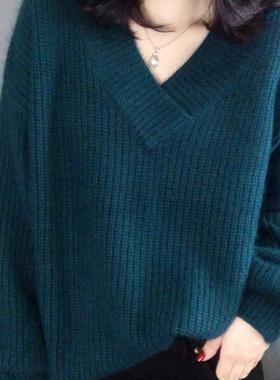 2025年秋冬新款宽松外穿v领女士加厚毛衣内搭针织打底衫上衣