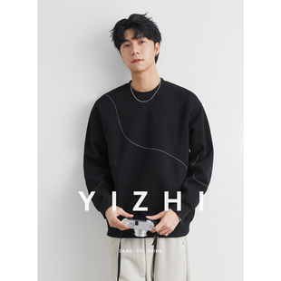 亦止男装420G重磅线条刺绣圆领卫衣男春秋季2025新款宽松男士上衣