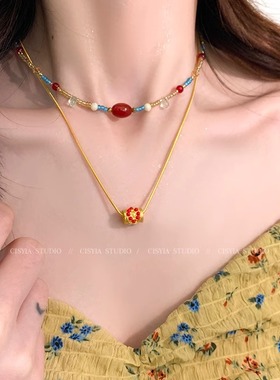 波西米亚新中式叠戴项链女丝绸之路敦煌西域风配色气质网红锁骨链