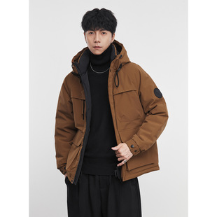 亦止『型野』工装风90白鸭绒连帽羽绒服冬季口袋保暖外套防寒服男