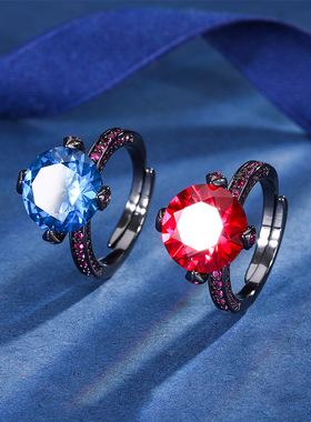 新款高档珠宝豪华镶嵌镀18K金刚玉圆形黑金个性戒指女12mm饰品