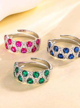 珠宝镀18K金镶嵌欧美蓝宝红刚玉戒指复古风镶钻排戒培育宝石女款