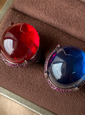 高档珠宝宝石镀18K金冰种起荧光旦形刚玉黑金个性女戒指主石18*20