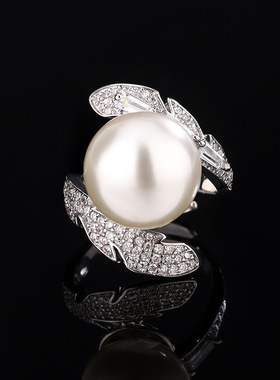 新款高档珠宝豪华镶嵌铜镀白金新款镶嵌珍珠交叉款戒指女14mm饰品