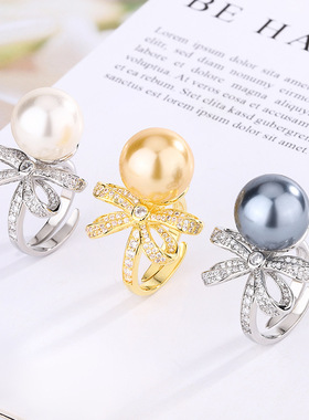 生生珠宝新款高档豪华镶嵌镀18K金镶嵌珍珠复古蝴蝶结戒指女14mm