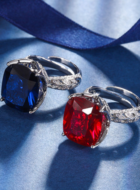 珠宝镀18K金镶嵌复古时尚彩宝红刚玉肥方14*16复古戒指女款饰品