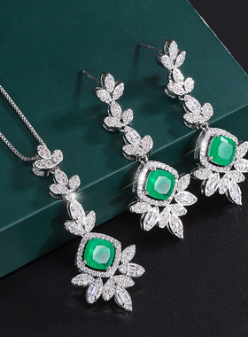 新款高档珠宝铜镀真金风祖母绿吊坠耳环女式套装主石8*8饰品首饰