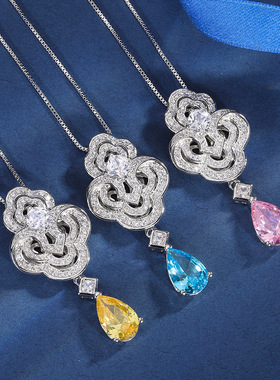 新款高档珠宝豪华镀18K金新款彩宝款创意吊坠项链镶钻主石8*12