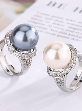 秋冬新款高档珠宝豪华镶嵌铜镀白金珍珠气质简约女式戒指14mm饰品