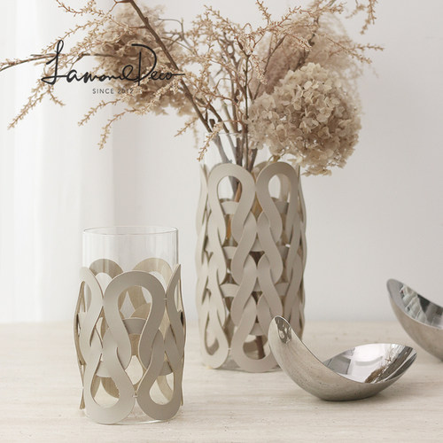 高端皮质编织纹直筒装饰玻璃花瓶