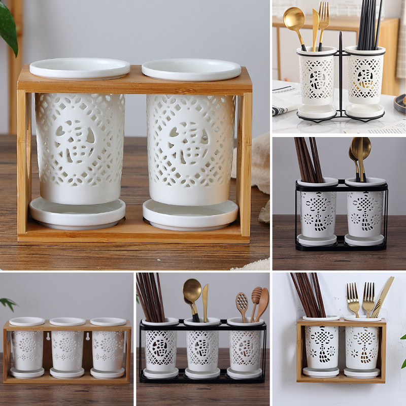 新款陶瓷筷子筒沥水壁挂筷筒商用筷子桶日式筷架筷子篓创意筷子