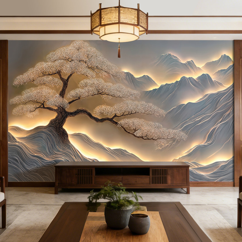 中式山水松树36D立体浮雕壁画客厅电视背景墙壁纸影视墙定制壁布
