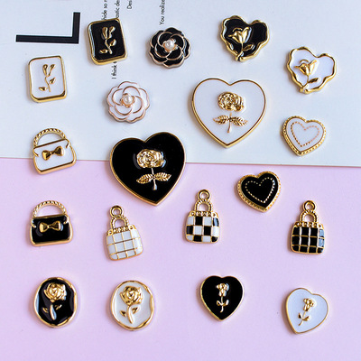 金属感经典黑白色电镀玫瑰花爱心发饰配件洞洞鞋配饰奶油胶DIY