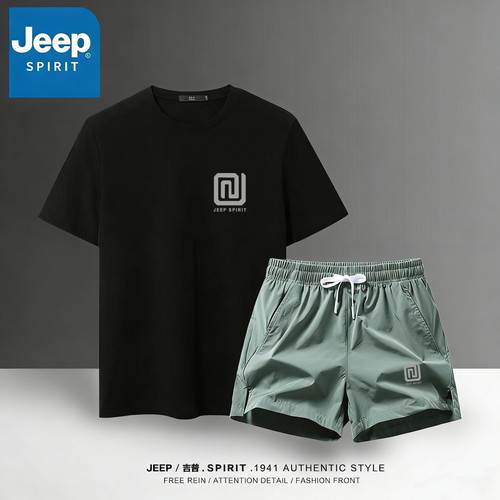 JEEP吉普男士冰丝夏季速干休闲T恤健身跑步吸汗运动套装短裤透气