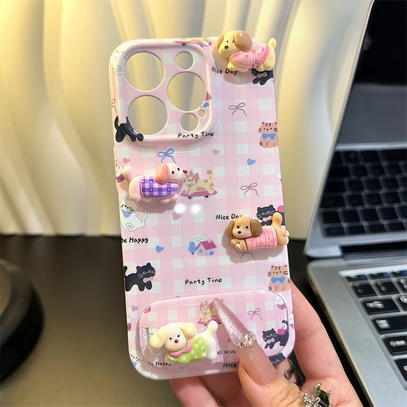 少女粉立体腊肠狗镜子支架适用苹果16promax手机壳iPhone15pro小米14华为mate70k80荣耀300vivox200p60nova13