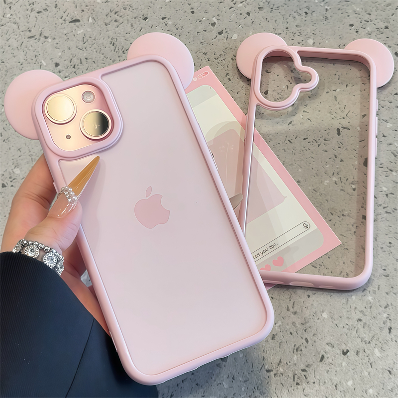ins风高颜值立体米奇耳朵透明背板适用iPhone16/15pomax情侣手机壳新款苹果14pro闺蜜13简约创意12防摔保护套