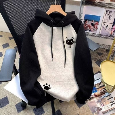 女童洋气漂亮插肩袖拼色连帽卫衣秋冬中大童女孩加厚宽松外套上衣