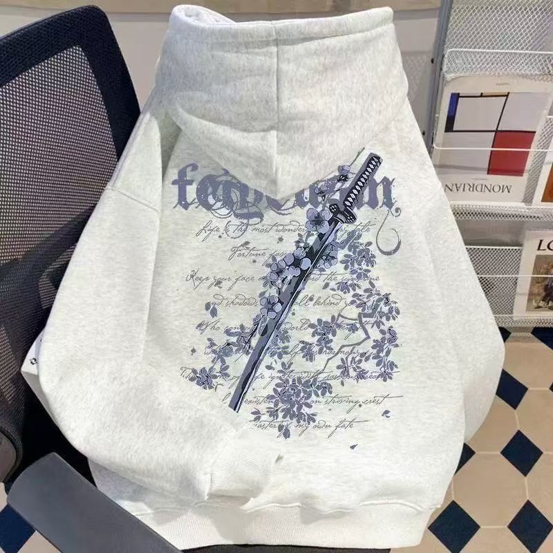 中大儿童美式高街风樱花剑印花国潮牌连帽卫衣男女童秋冬宽松外套