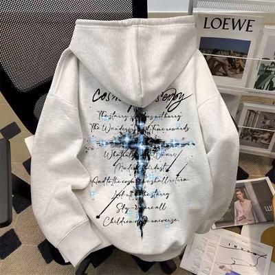 男女童美式高街风星空十字架印花连帽卫衣中大童男孩秋冬外套上衣