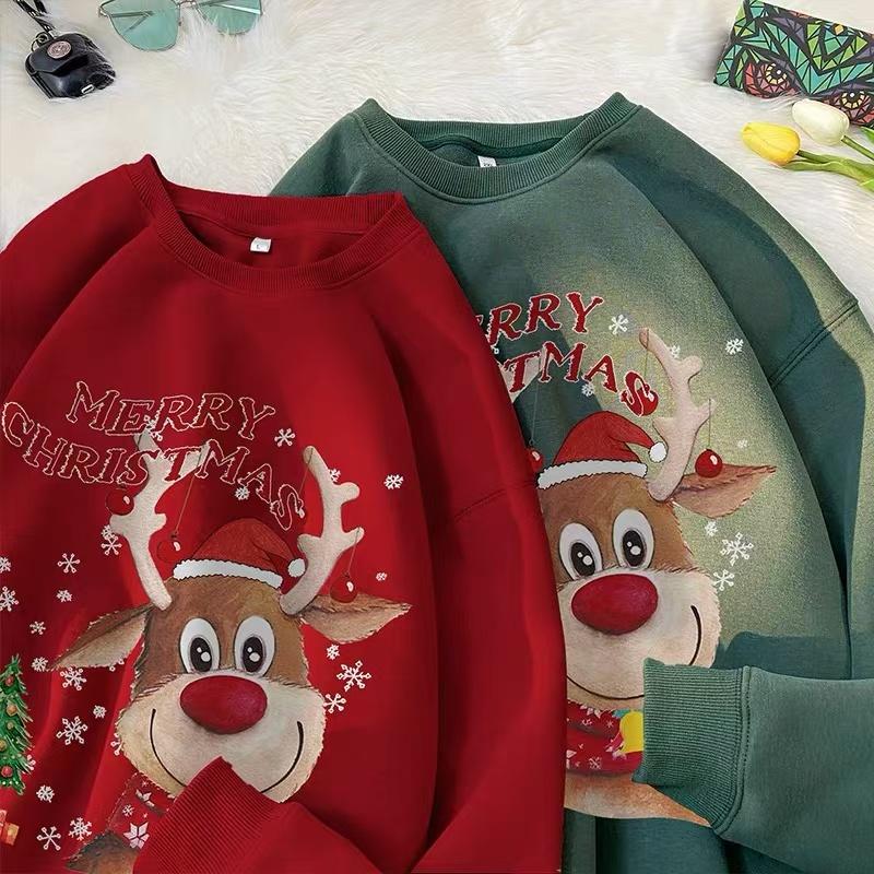 2025新款秋冬中大儿童圣诞节红色卫衣男女童卡通麋鹿宽松长袖上衣