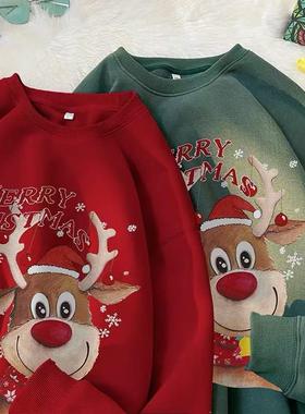 2025新款秋冬中大儿童圣诞节红色卫衣男女童卡通麋鹿宽松长袖上衣