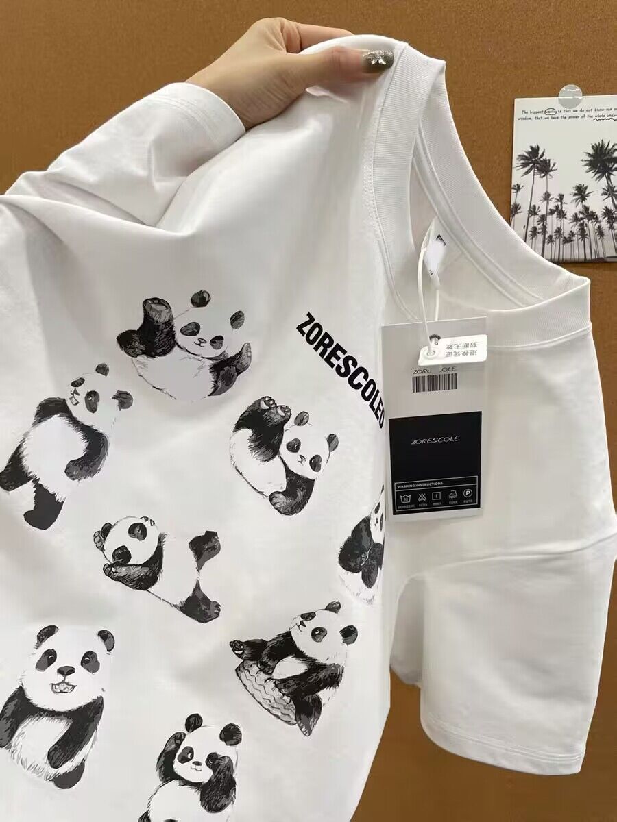 商场同款~男女童夏装小熊猫印花宽松短袖纯棉t恤中大童设计感上衣