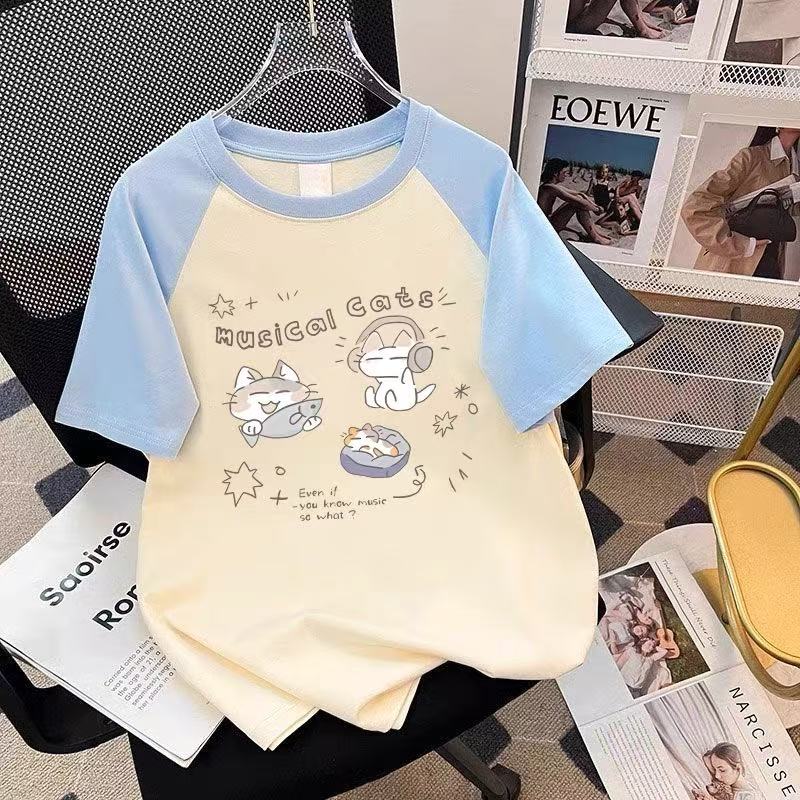 女童甜美撞色插肩短袖T恤打底衫夏季中大儿童女孩超好看漂亮上衣