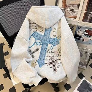 中大儿童初中学生美式潮牌十字架印花连帽卫衣秋冬男女童加绒外套