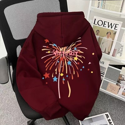 女童洋气酒红色宽松纯棉连帽卫衣2025新年春秋冬加绒帽衫长袖上衣