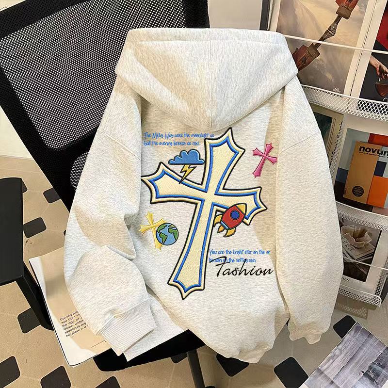 中大童潮牌防刺绣印花连帽卫衣男女童秋冬时尚美式痞帅外套上衣服