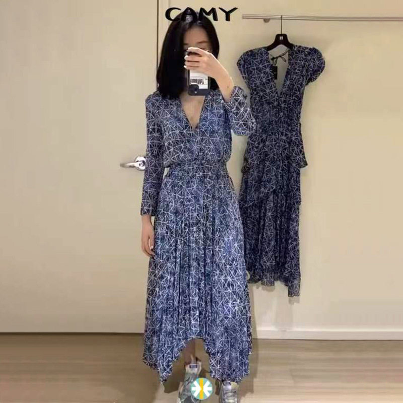 法单M家22春夏新款法式蓝色星空印花收腰不规则连衣裙MFPRO02414