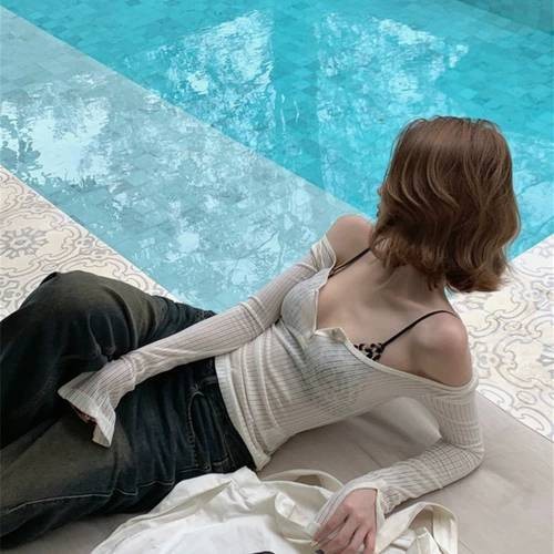 美式辣妹露肩泳衣罩衫防晒外搭可下水长袖T恤女夏修身收腰打底衫