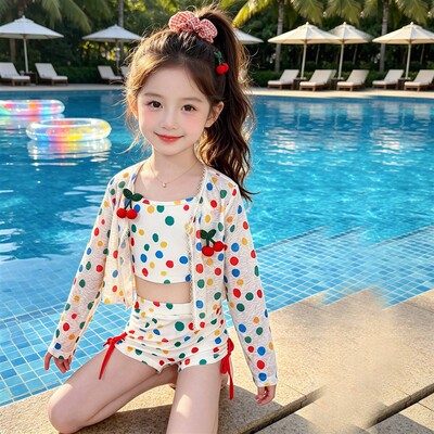 女童夏季防晒泳衣套装2026新款小女孩甜美三件套儿童夏天度假泳装
