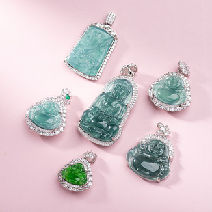 天然A货翡翠危料蓝水内雕阴雕宝宝佛纯银镶嵌款吊坠 女款翡翠饰品