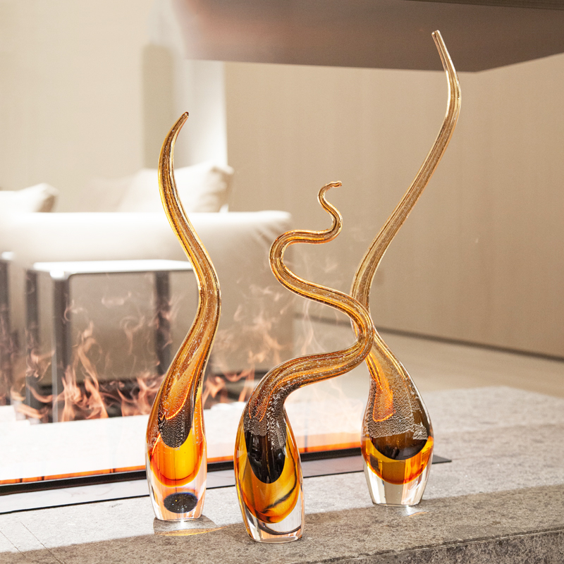 轻奢现代金色流云抽象线条玻璃摆件样板间售客厅玄关处软装艺术品