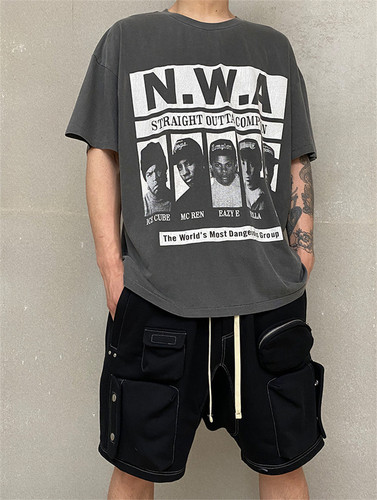毒家Vintage匪帮5脸vtg做旧水洗短袖，N.W.A说唱滚石牛货OS版型