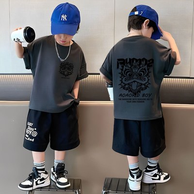 男童儿童纯棉短袖T恤醒狮卡通夏季新款2024上衣宽松中大童