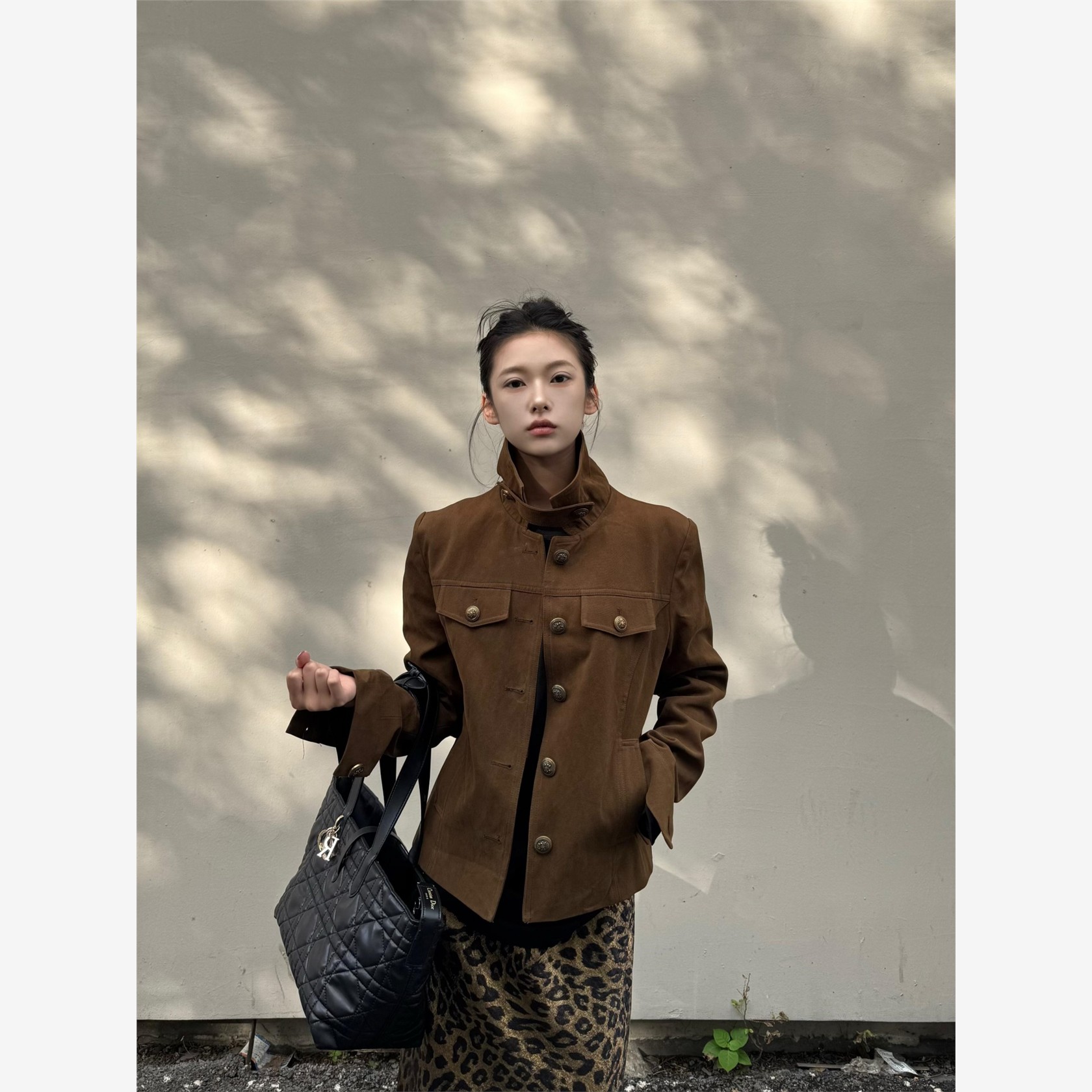 美式覆古棕色立领工装外套女款春秋季小个子修身显瘦短款夹克上衣