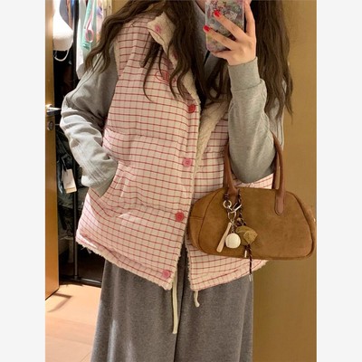 格纹小个子羊羔毛马甲女款2025新款外套秋季叠穿加绒保暖背心外穿