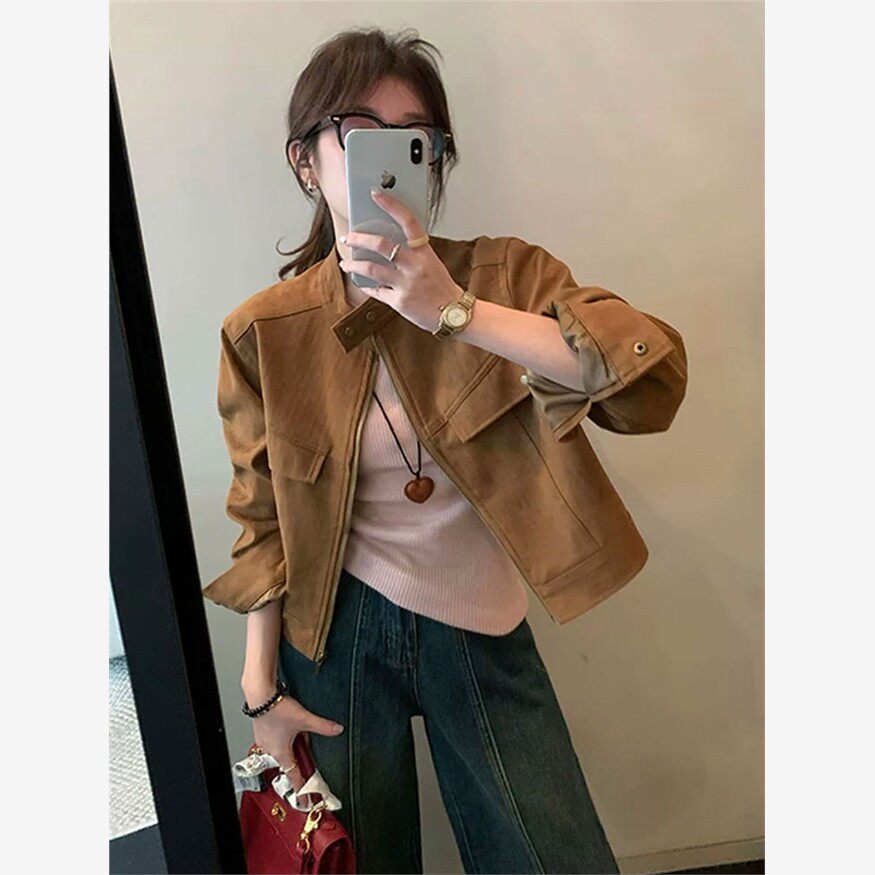 麂皮绒立领短款外套女款2025早秋新款今年流行爆款小个子休闲夹克