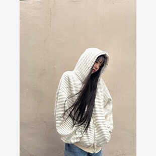 韩系条纹外套女款秋2025新款连帽休闲卫衣美式覆古早秋薄款小个子