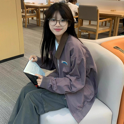 美式紫色棒球服外套女款春季2025小个子刺绣翻领覆古工装夹克上衣