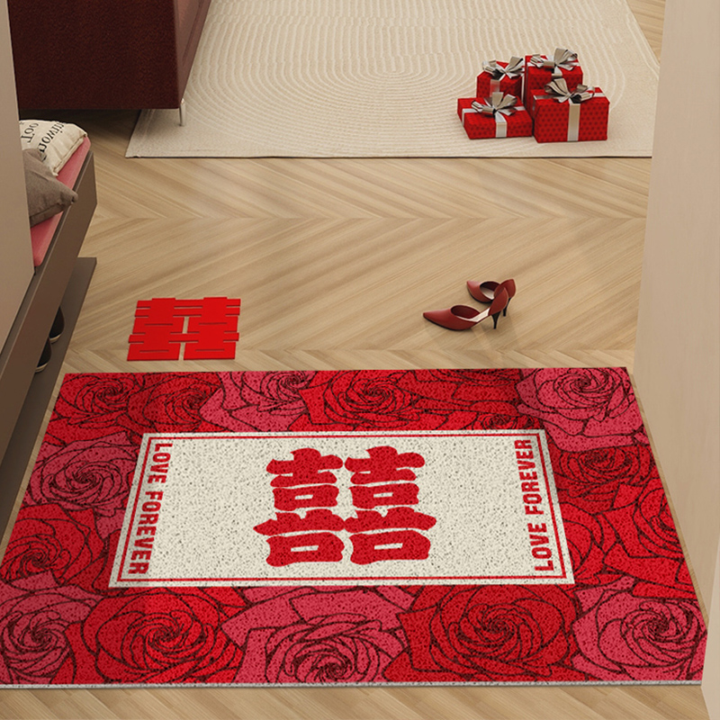 入户门玄关门口喜字地垫婚房布置氛围感装饰地毯新房结婚红色脚垫