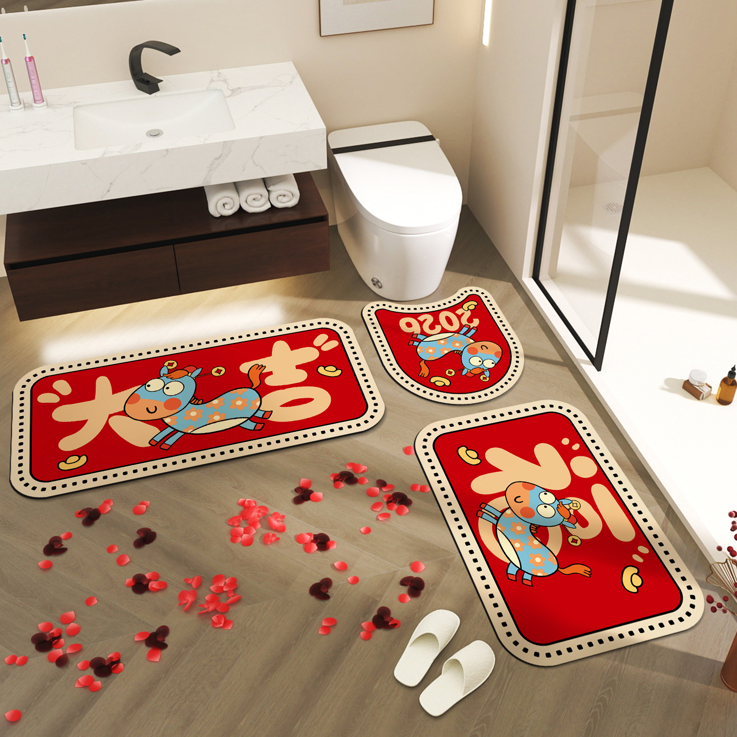 卡通厕所脚垫浴室地垫马桶U型2026新年地毯卫生间硅藻泥防滑吸水
