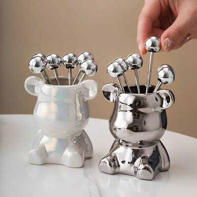 6pcs Stainless Steel Dessert Forks With Storage Jar Bear Fru